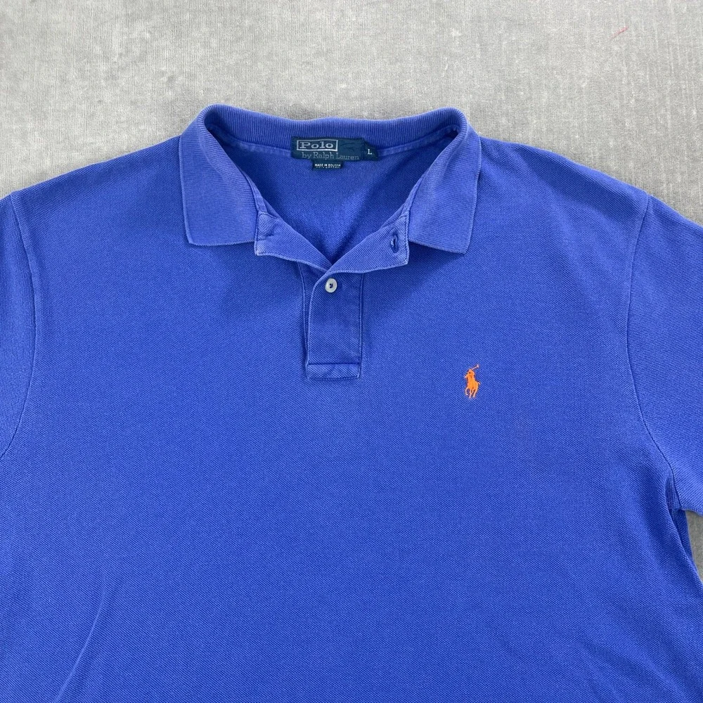 Polo Ralph Lauren Men Large‎ Blue Short Sleeve Polo Shirt Orange Pony Logo